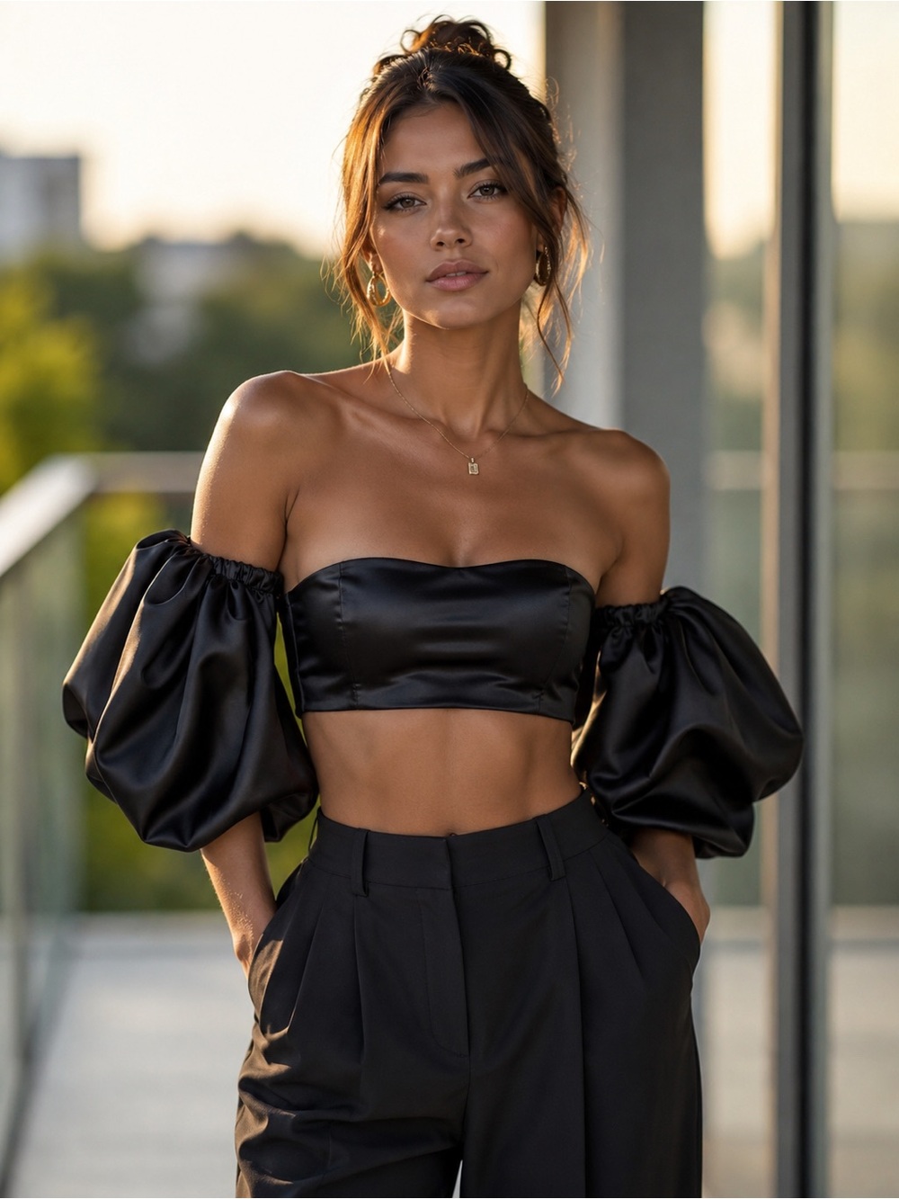 Haute Curve Black Satin Puff-Sleeve Off-Shoulder Crop Top